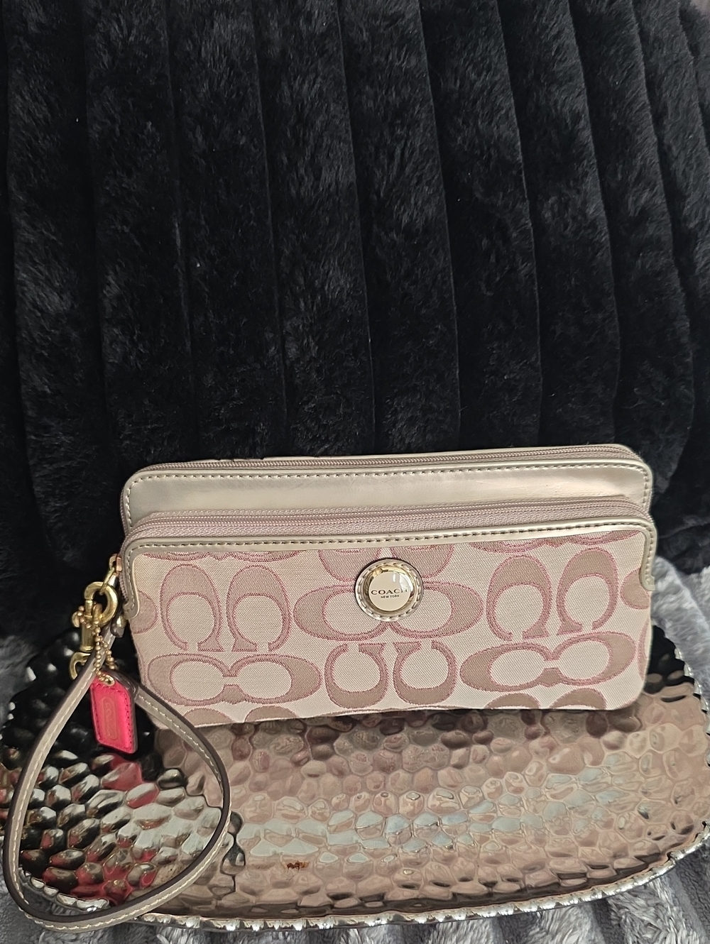 COACH Pink Signature Wristlet Clutch with Metallic Trim
